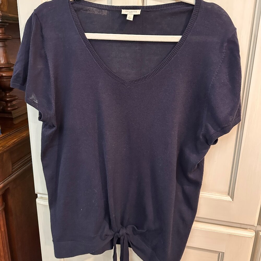 Talbots Relaxed Tie Front Short Sleeve Sweater Navy Size Large